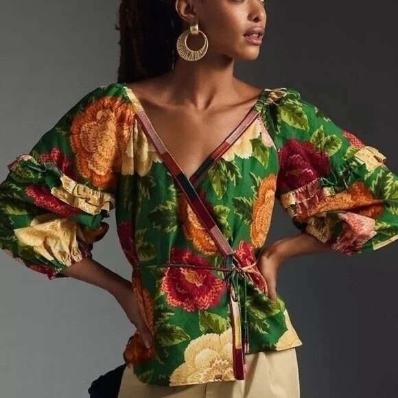 FARM Rio Puff Ruffle Sleeve Wrap Top in Floral NWT size small - Picture 2 of 16